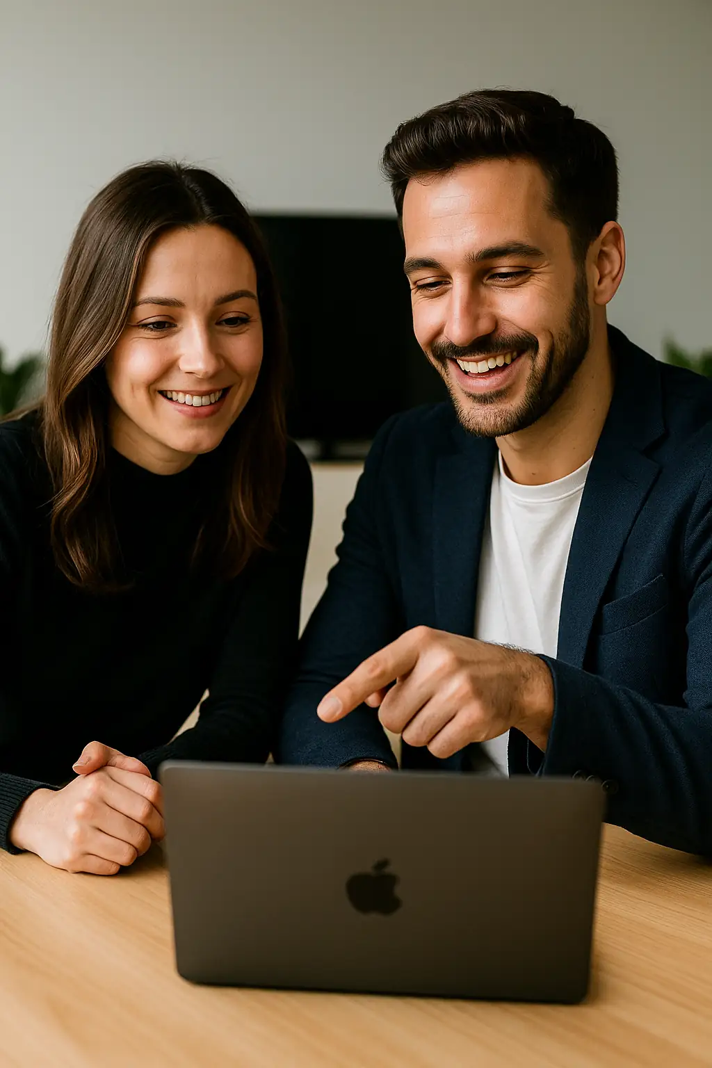 Une femme et un homme devant un Macbook pro - présentation d'un site WordPress Une femme et un homme devant un Macbook pro - présentation d'un site WordPress
