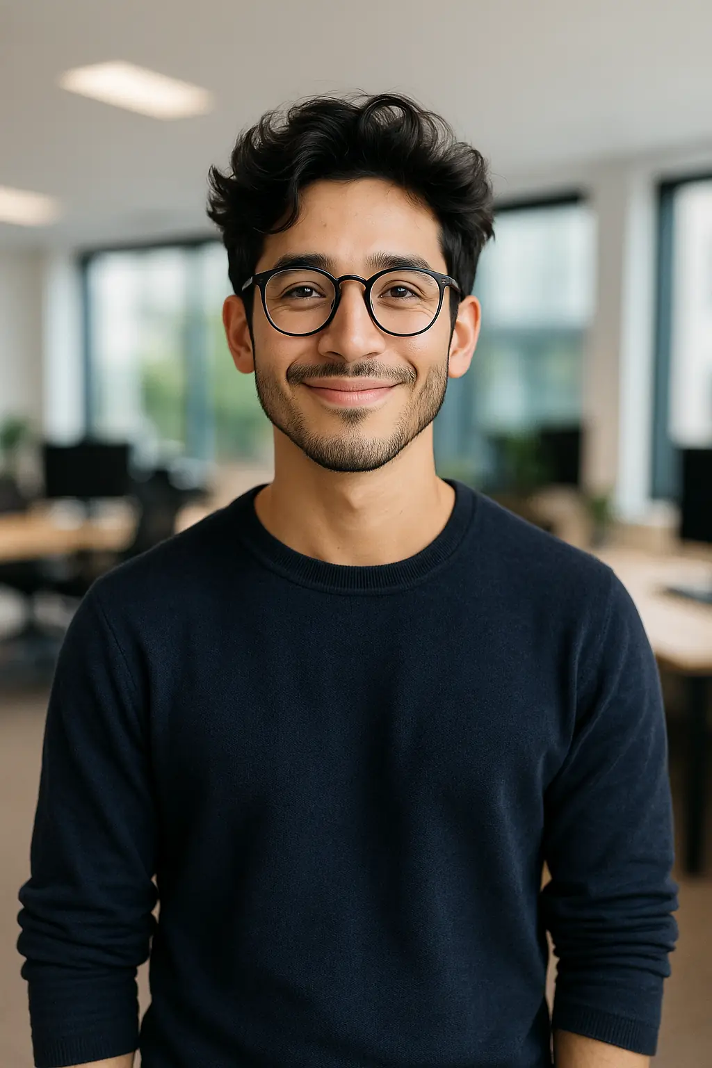 Portrait d’un développeur web souriant dans un bureau moderne.