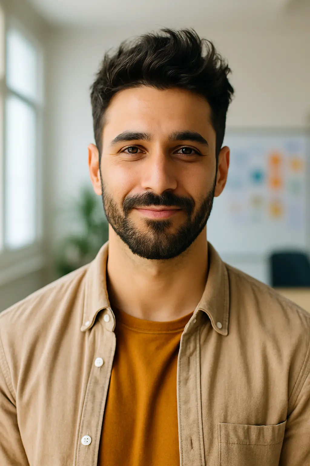 Portrait d’un designer UI/UX professionnel avec une coupe moderne dans un environnement de travail créatif.