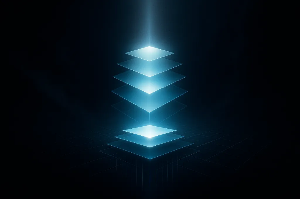 Infographie abstraite d'un empilement de carré lumineux à plat