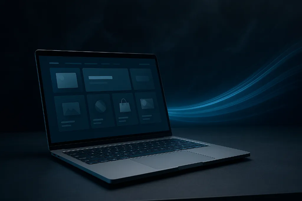 Infographie abstraite d'un PC portable affichant un site e-commerce