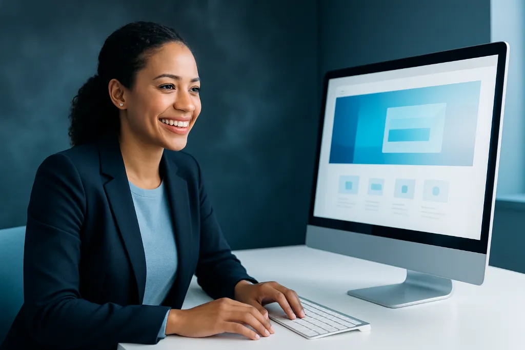 Femme devant un écran mac affichant un mockup de site vitrine pro
