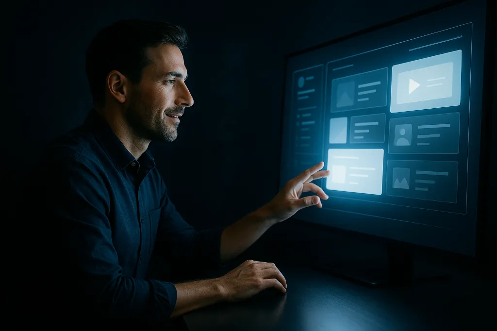 Infographie abstraite d'un homme devant un écran holographique