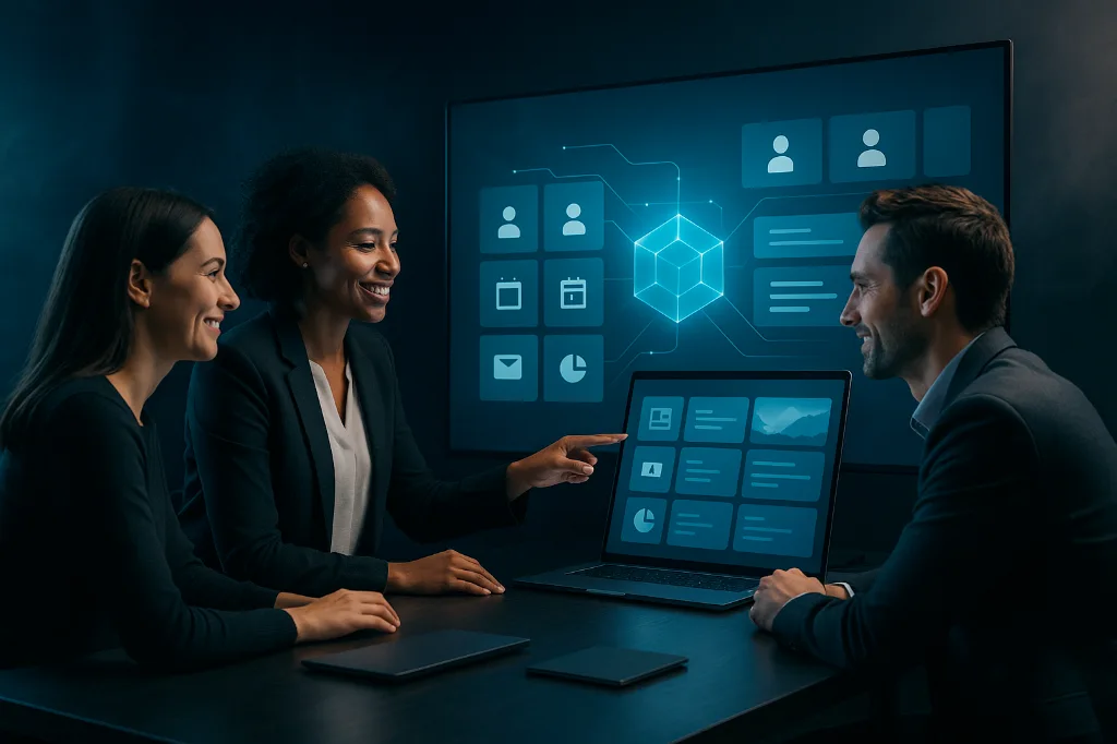 3 personnes en pleine présentation d'un projet logiciel à un client