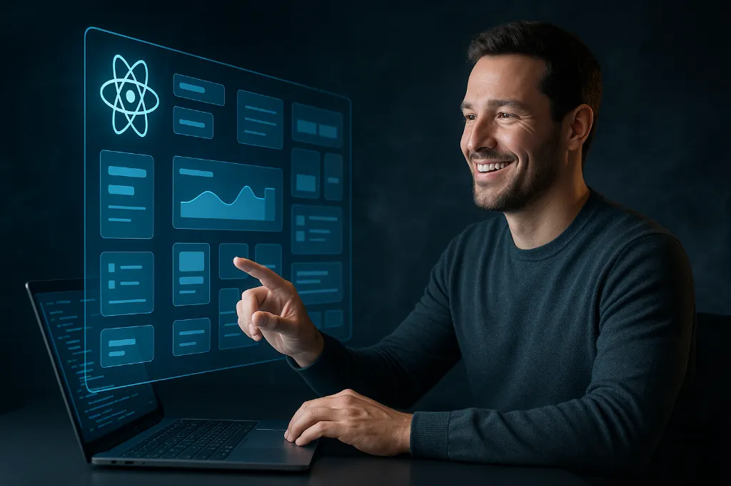 Infographie présentant un homme sur un écran digitale avec logo React