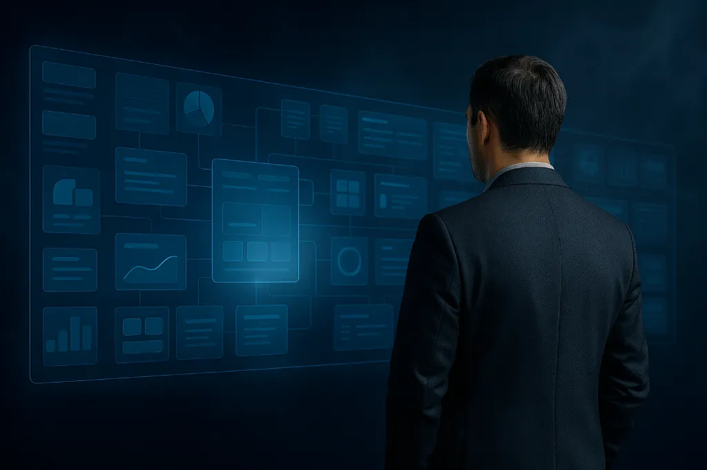 Infographie abstraite d'un homme devant un écran holographique