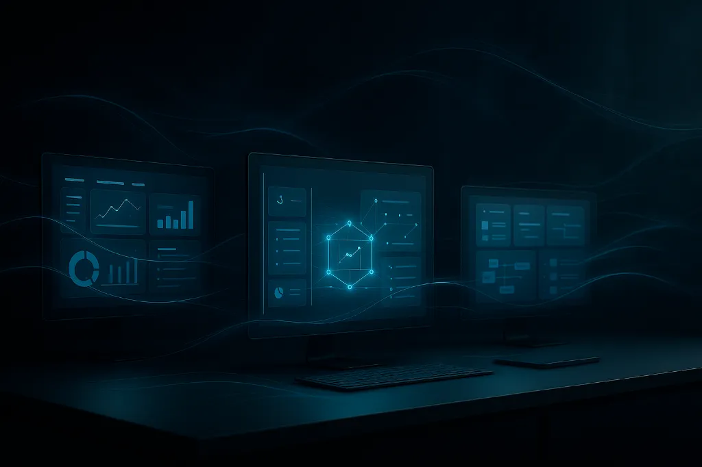 Infographie abstraite de 3 PC affichant des mockup divers