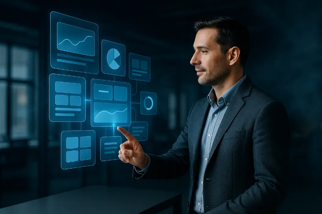 Infographie abstraite d'un homme devant un écran holographique