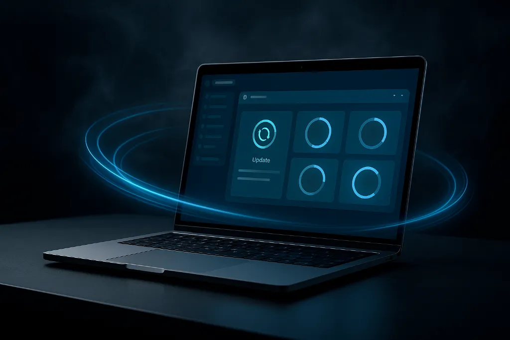 Infographie abstraite d'un PC portable affichant une opération de maintenance
