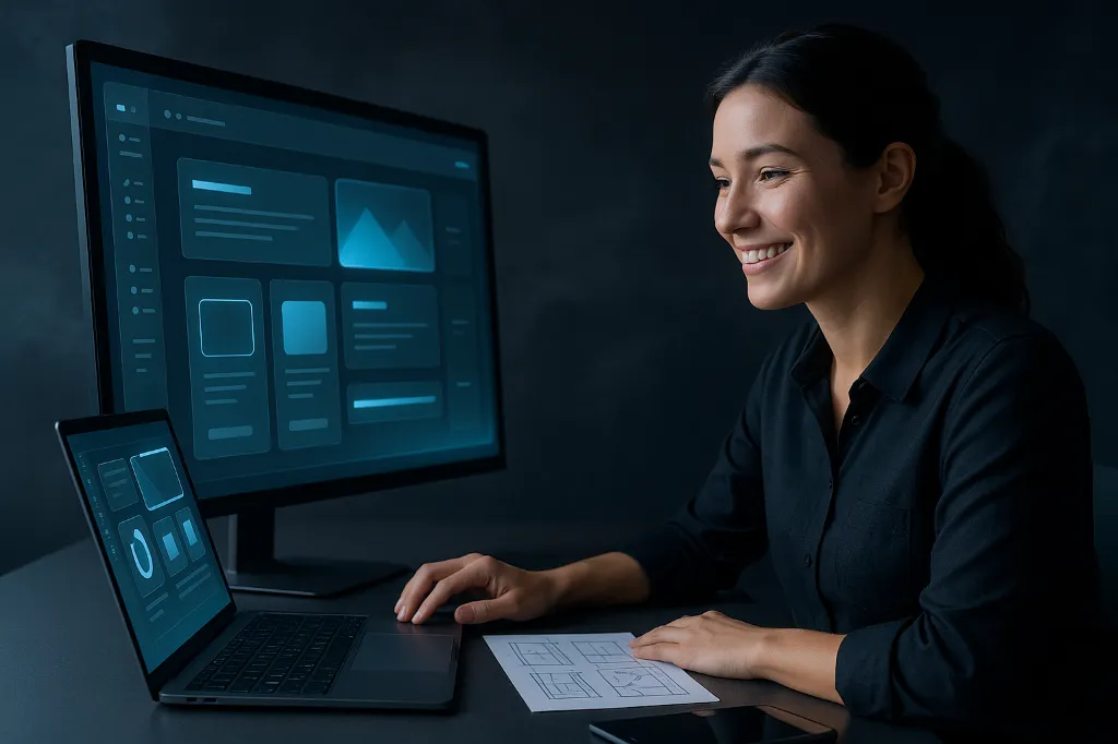 Une femme devant 2 écran travaillant sur la refonte d'un site